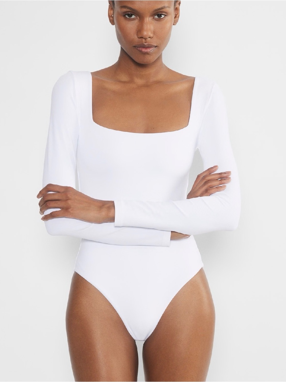 Aritzia Babaton White Long-Sleeve Square Neck Bodysuit
